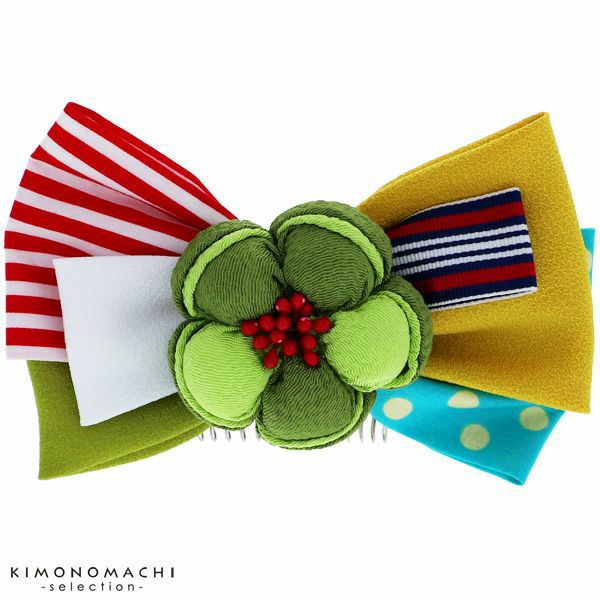 リボン髪飾り「グリーン　お花とリボン」リボン髪飾り 卒業式の袴に 髪飾り リボンコーム お花髪飾り （TO-3187）