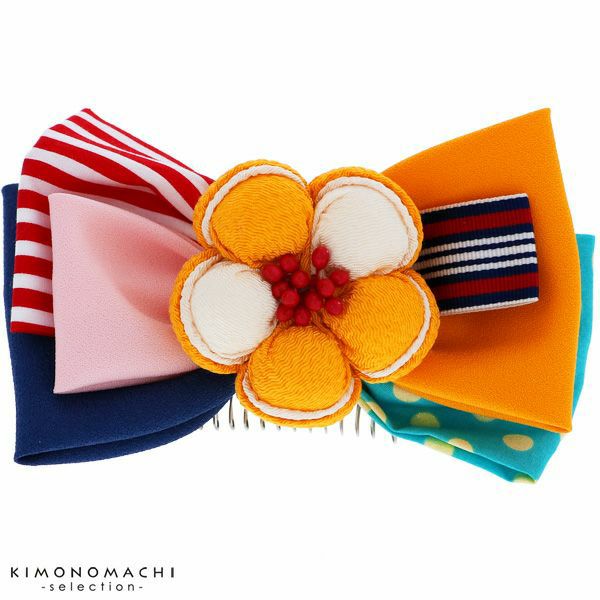 リボン髪飾り「イエロー　お花とリボン」リボン髪飾り 卒業式の袴に 髪飾り リボンコーム お花髪飾り （TO-3187）