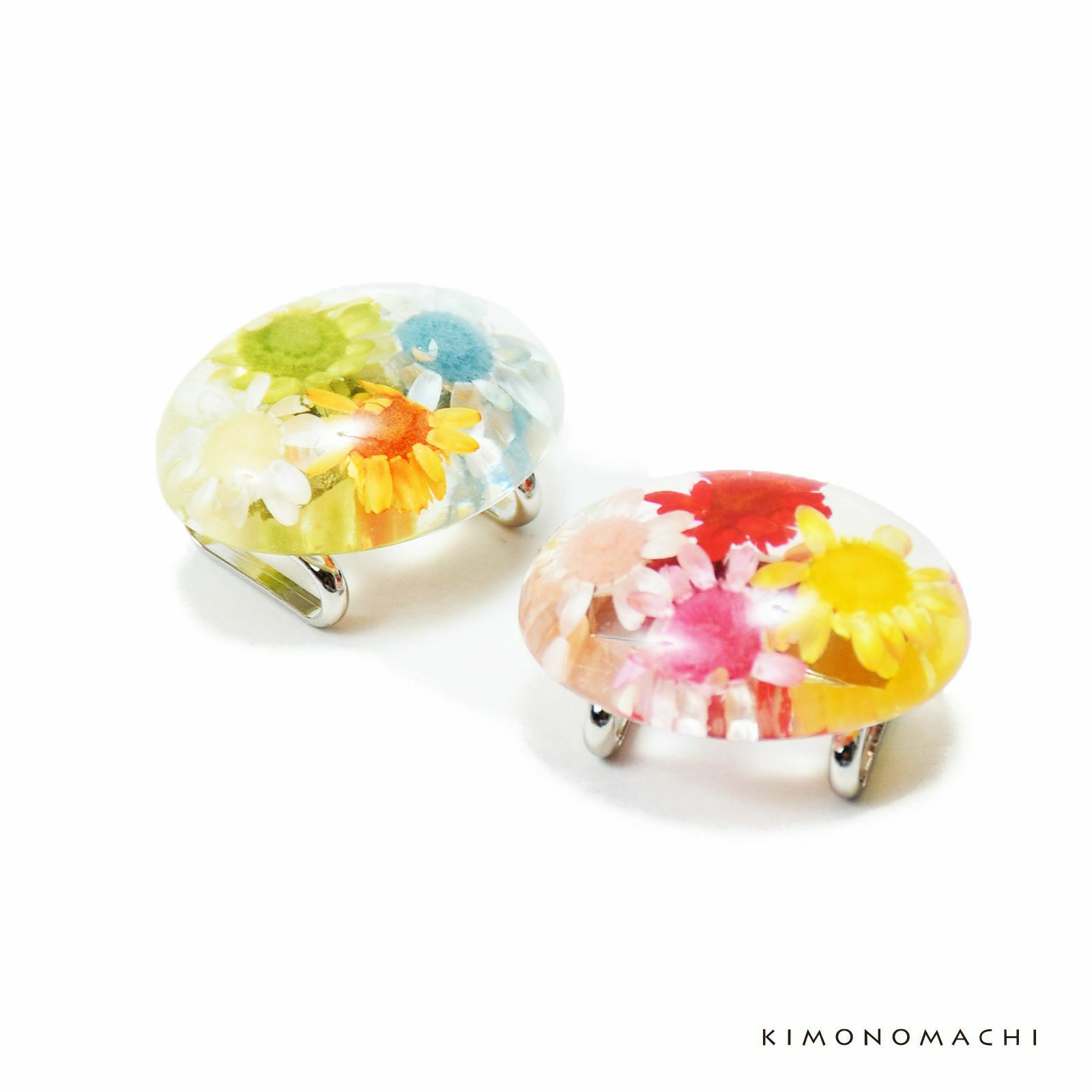 クリアドーム帯留め単品「赤ピンク、ブルーグリーン　フラワー」洒落小物 着物、浴衣に 帯どめ 帯留 和装小物