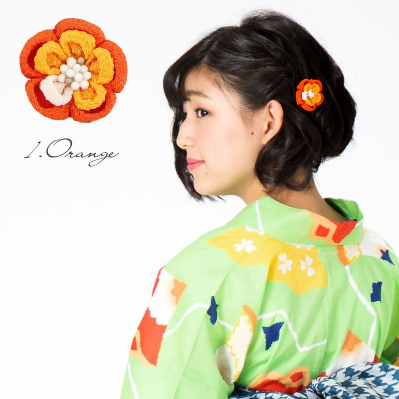 Prices down2】つまみ細工のお花クリップ髪飾り「オレンジ