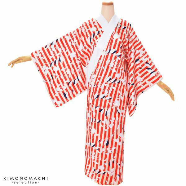 洗える長襦袢「赤色　縞に草花」お仕立て上がり襦袢 柄襦袢 洗える長襦袢  襦袢