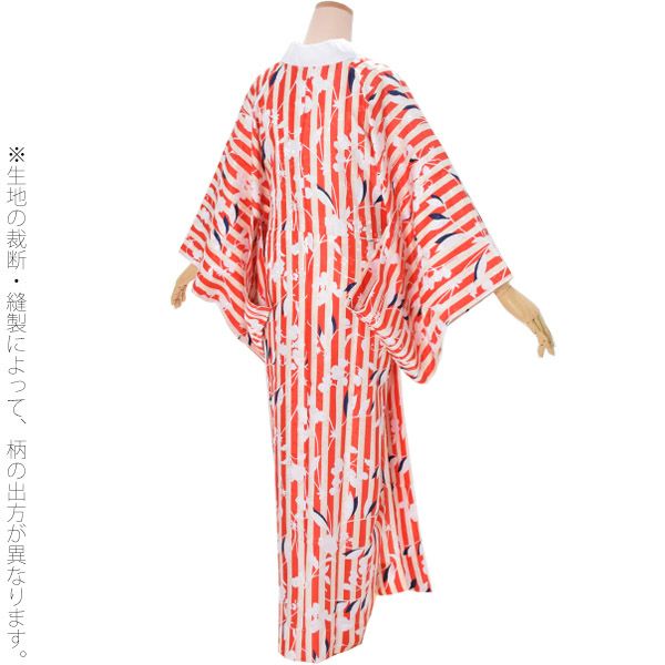 Prices down】洗える長襦袢「赤色 縞に草花」お仕立て上がり襦袢