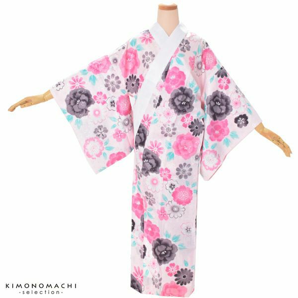 洗える長襦袢「ピンク　牡丹と雛菊」お仕立て上がり襦袢 柄襦袢 洗える長襦袢  襦袢