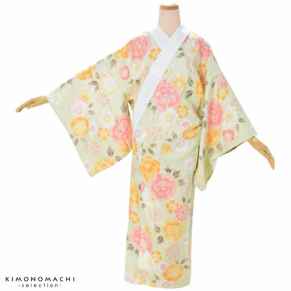 洗える長襦袢「薄グリーン　牡丹と雛菊」お仕立て上がり襦袢 柄襦袢 洗える長襦袢  襦袢