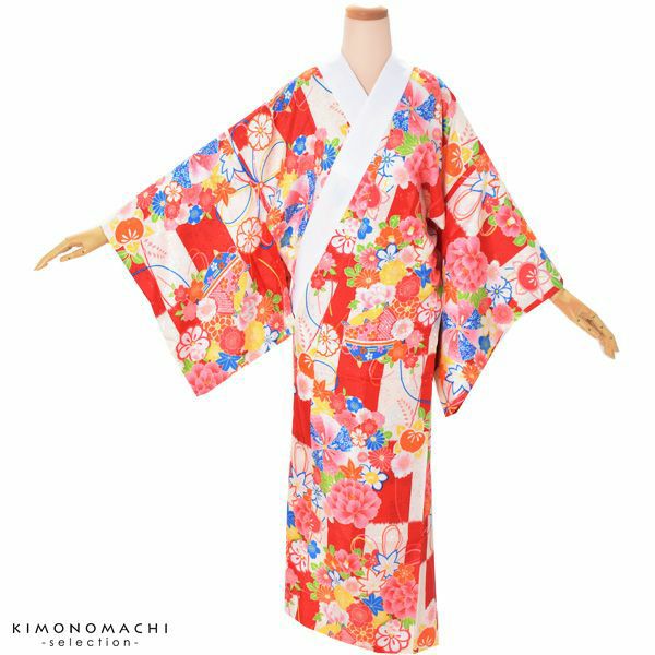 洗える長襦袢「赤色　糸巻、花くす玉」お仕立て上がり襦袢 柄襦袢 洗える長襦袢  襦袢
