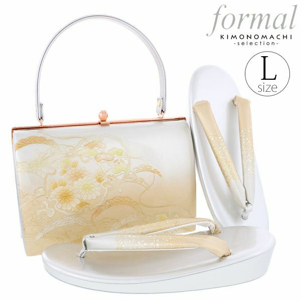 礼装草履バッグセット「シルバー　雪輪に菊花、松」Lサイズ 訪問着草履バッグセット   フォーマル