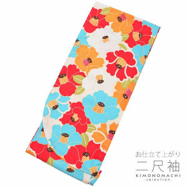 二尺袖着物単品「赤、黄、水色　椿」フリーサイズ 二尺袖着物 華やか  二尺袖 （7FN-113）