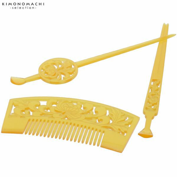 べっ甲調簪 櫛 菊花 平打三点 振袖 平打ち 芳丁角 くし 日本髪 Tr H メール便不可 Ss2112wkk10 京都きもの町