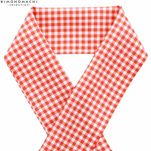 柄半衿「オレンジレッド　格子」半衿 和装小物 華やか  オシャレ小物