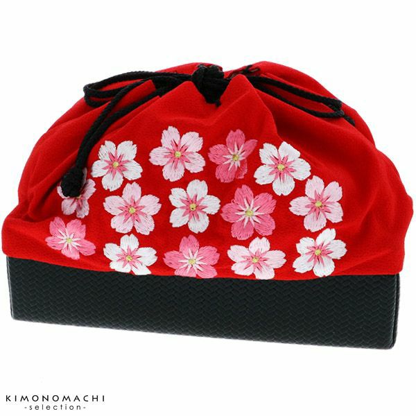 刺繍巾着「赤色　桜刺繍」袴巾着 刺繍巾着 ちりめん  卒業式、修了式の袴に