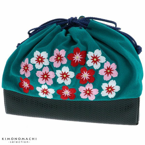 刺繍巾着「ターコイズブルー　桜刺繍」袴巾着 刺繍巾着 ちりめん  卒業式、修了式の袴に