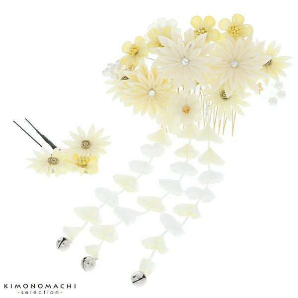 つまみ細工髪飾り2点セット「白色　つまみのお花」お花髪飾り 卒業式の袴にも 振袖 コーム 成人式