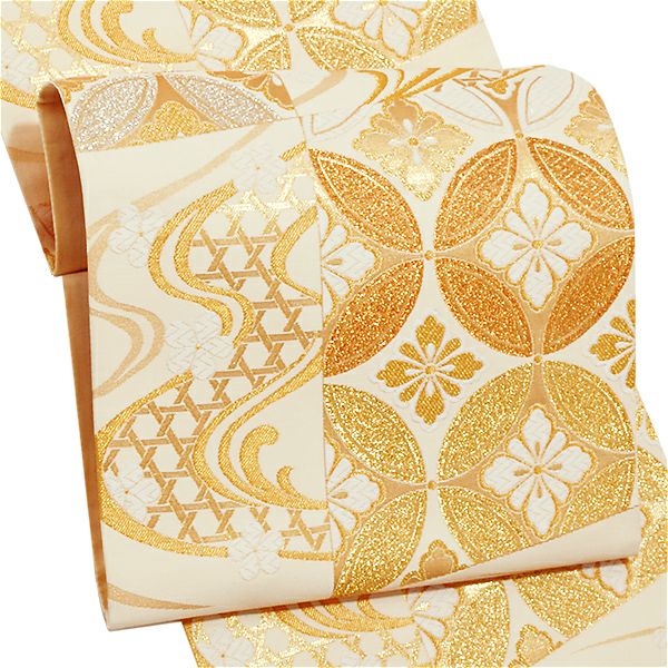 振袖 袋帯「生成り　市松に流水、七宝」未仕立て 正絹帯 礼装帯 フォーマル