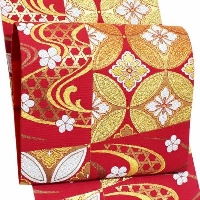 【Prices down】振袖 袋帯「赤紅色　市松に流水、七宝」未仕立て 正絹帯 礼装帯 フォーマル 【メール便不可】＜T＞ss2503ofk10