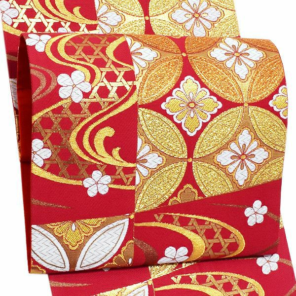 振袖 袋帯「赤紅色　市松に流水、七宝」未仕立て 正絹帯 礼装帯 フォーマル