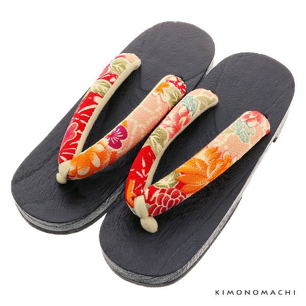 女性 下駄単品「和柄 赤」フリーサイズ（Lサイズ）　夏祭り、花火大会、夏フェス　浴衣下駄　婦人下駄　レディース下駄
