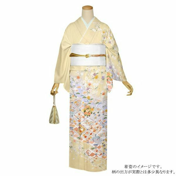 訪問着　お仕立て上がり　単品「クリーム うすいグレーのぼかしに流水文様 吉祥文様」正絹着物　礼装　正絹　訪問着　結婚式　七五三　パーティー　祝賀会　袷　プレタ　仕立て上がり 【送料無料】