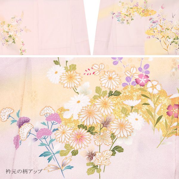 Q0002】BBお仕立て上がり正絹紬藤色地に花、雲取り模様