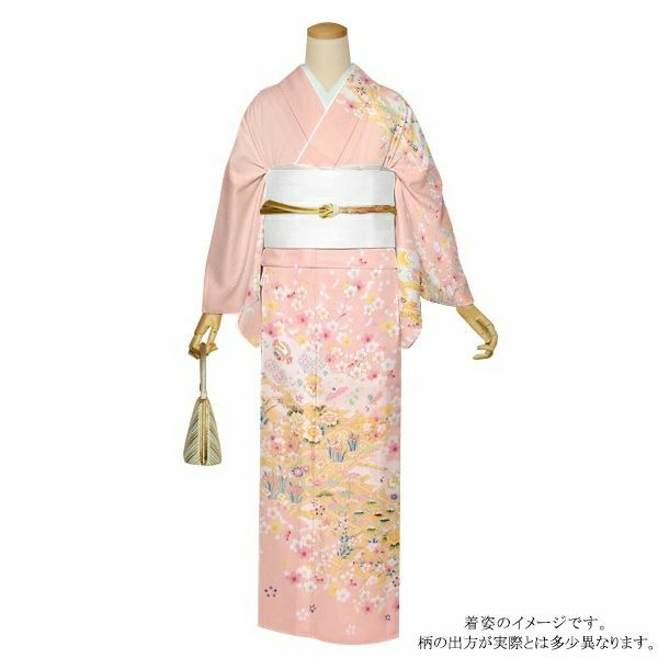 訪問着　お仕立て上がり　単品「ピンク　松川菱と花模様　宝尽くし　雲取文様　吉祥文様」正絹着物　礼装　正絹　訪問着　結婚式　パーティー　祝賀会　袷　プレタ　仕立て上がり【送料無料】