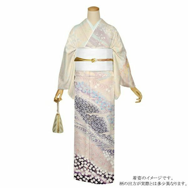 訪問着　お仕立て上がり　単品「ベージュ　流水文様 花柄　おぼろ染め」正絹着物　礼装　正絹　訪問着　パーティー　祝賀会　袷　プレタ　仕立て上がり  【送料無料】