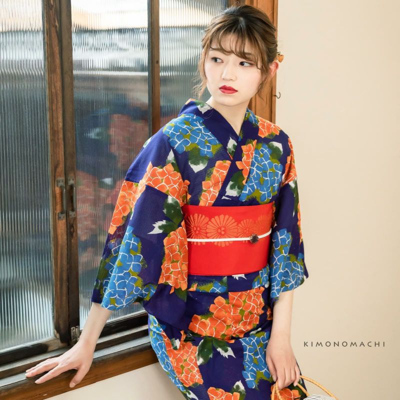 浴衣 レディース 「紫陽花　紺」 綿絽　大人　個性的　花火大会　夏祭り　女性浴衣　女性ゆかた　浴衣単品　夏着物　きもの町オリジナル　KIMONOMACHI