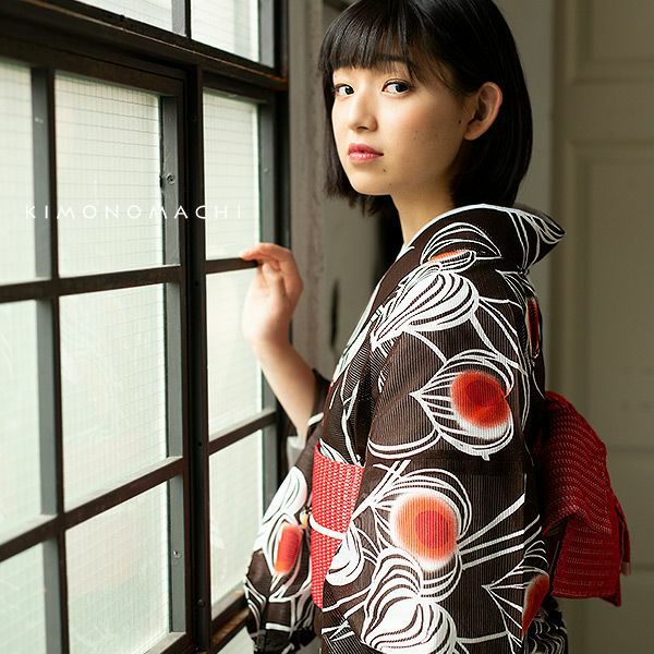 浴衣 レディース 「ほおずき　黒茶」 綿絽　大人　個性的　花火大会　夏祭り　女性浴衣　女性ゆかた　浴衣単品　夏着物　きもの町オリジナル　KIMONOMACHI