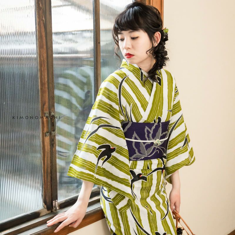 浴衣 レディース 「縞にツバメ　抹茶緑」 綿絽　大人　個性的　花火大会　夏祭り　女性浴衣　女性ゆかた　浴衣単品　夏着物　きもの町オリジナル　KIMONOMACHI