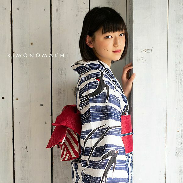 浴衣 レディース 「縞にツバメ　紺」 綿絽　大人　個性的　花火大会　夏祭り　女性浴衣　女性ゆかた　浴衣単品　夏着物　きもの町オリジナル　KIMONOMACHI