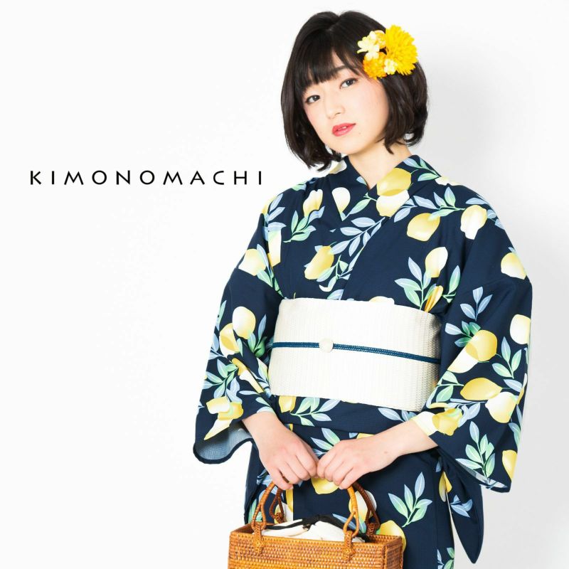 浴衣 レディース 「ミッドナイト　檸檬」 吸水速乾　CoolPass　ポリエステル浴衣京都きもの町オリジナル　KIMONOMACHI