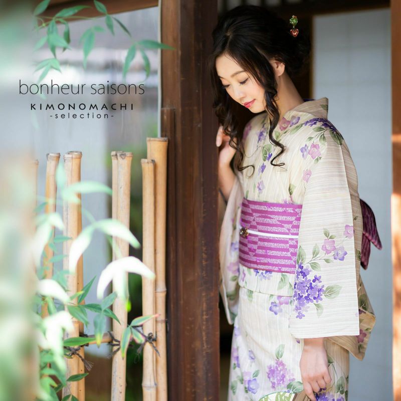 bonheur saisons ブランド浴衣単品 「綿麻　生成り　紫陽花（7NOSK-83）」 ボヌールセゾンFサイズ