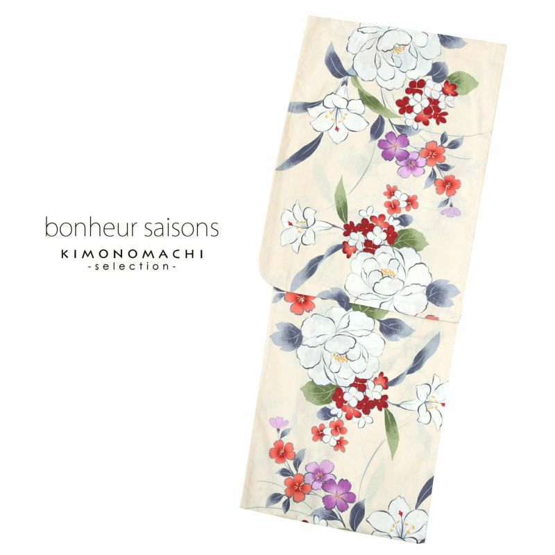bonheur saisons ブランド浴衣単品 「麻混　クリーム　牡丹（9EX-87）」 ボヌールセゾンFサイズ