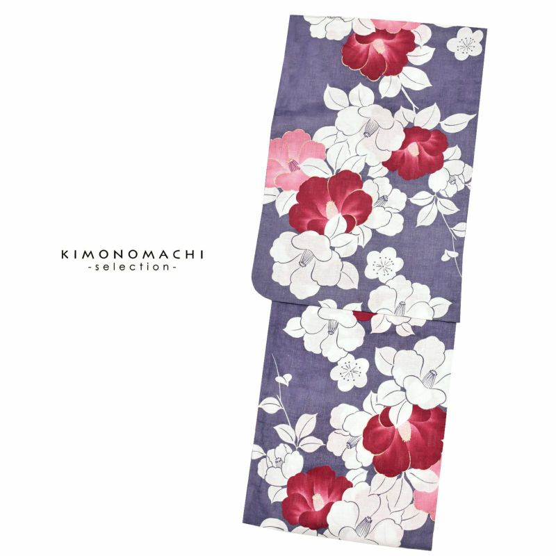 bonheur saisons ブランド浴衣単品 「手捺染　藤鼠色　椿　手縫い（6NOS-64）」 ボヌールセゾンFサイズ