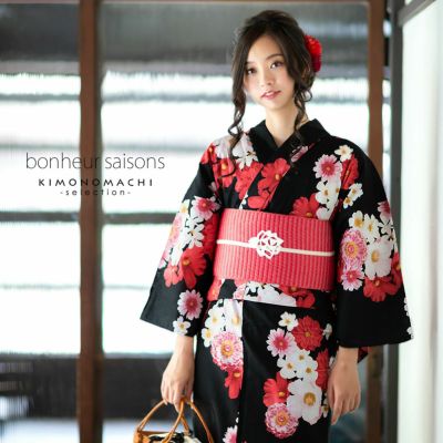 【Prices down】bonheur saisons ブランド浴衣単品 「黒地　洋花（9NC-20）」 ボヌールセゾンFサイズ 【メール便不可】ss2503ykl30