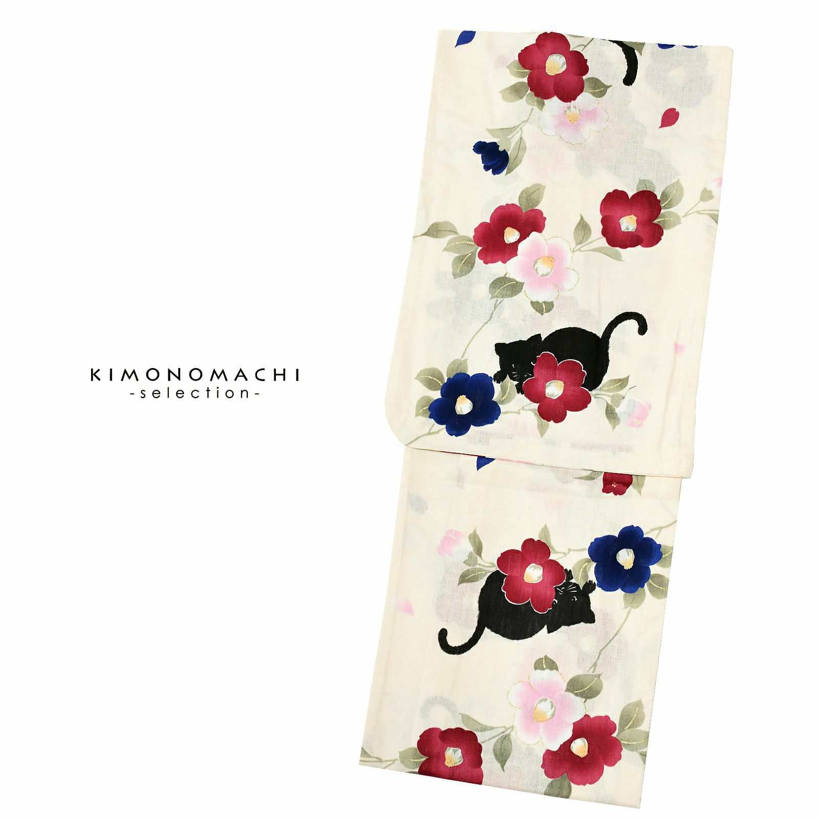 bonheur saisons ブランド浴衣単品 「手捺染　クリーム　猫と椿　手縫い（6SLB-64）」 ボヌールセゾンFサイズ