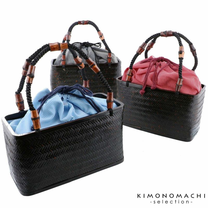 浴衣 かごバッグ かご巾着 浴衣バッグ「かご巾着　ストライプ　赤×白、黒×白、青×白」全3色 編み籠巾着単品