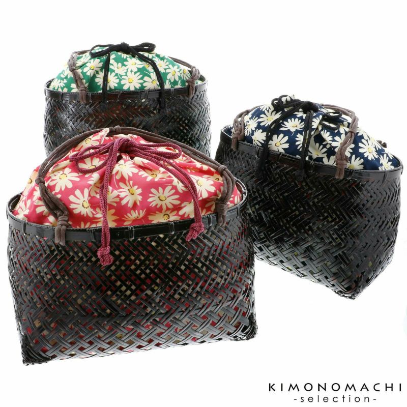 浴衣 かごバッグ かご巾着 浴衣バッグ「かご巾着　花　ネイビー、グリーン、ピンク」全3色 編み籠巾着単品