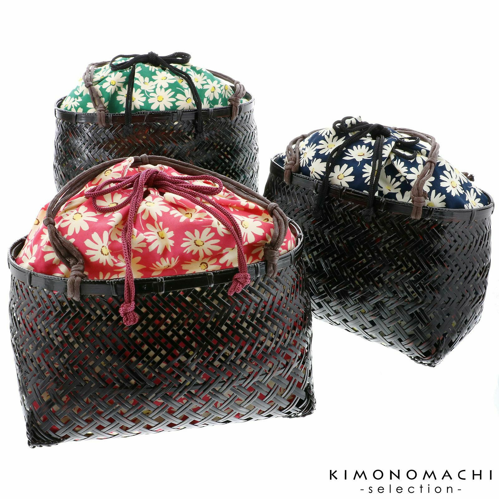 浴衣 かごバッグ かご巾着 浴衣バッグ「かご巾着　花　ネイビー、グリーン、ピンク」全3色 編み籠巾着単品