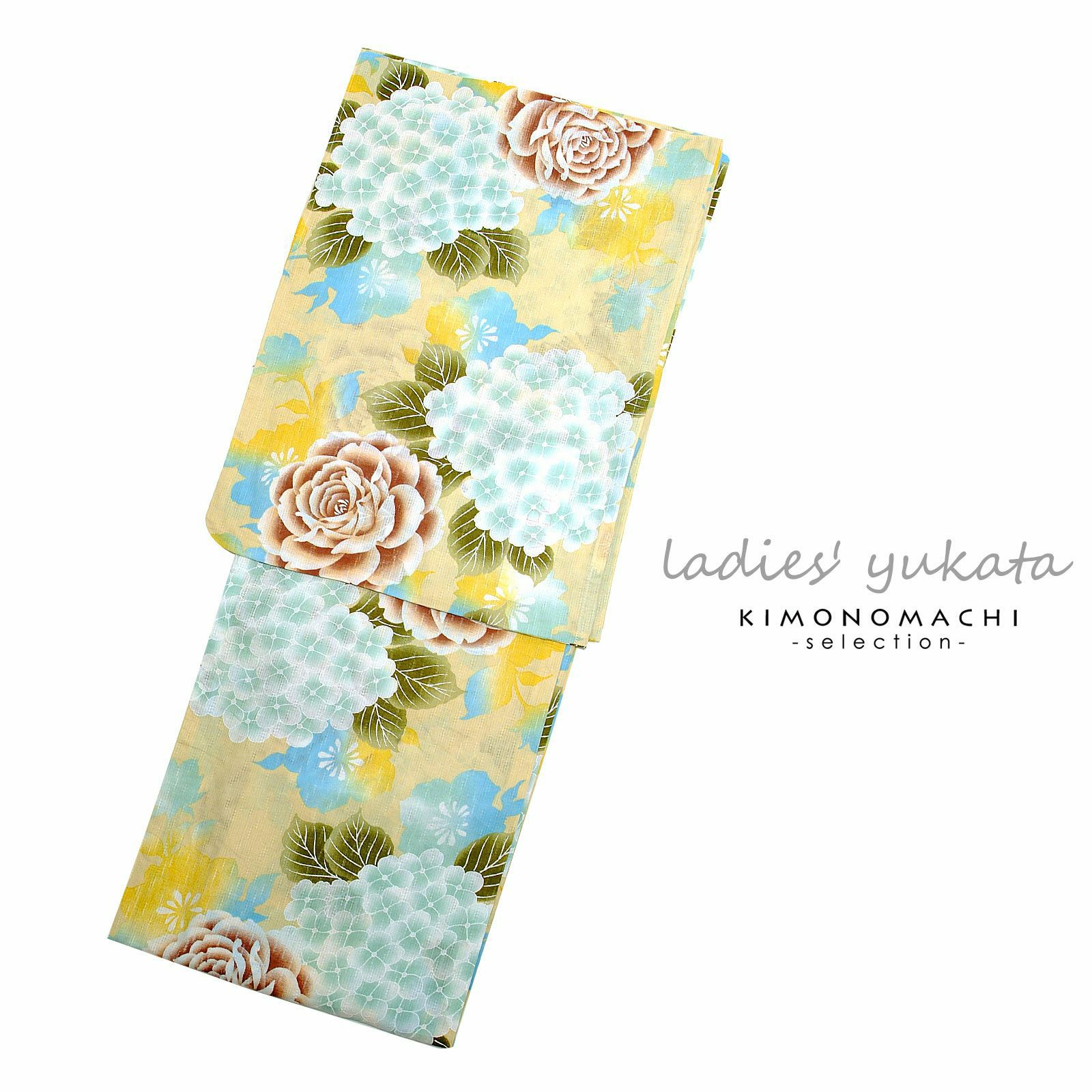 浴衣 レディース 女性浴衣単品「薄黄　あじさいと薔薇」 綿麻浴衣 プレタ浴衣 お仕立て上がり浴衣Fサイズ