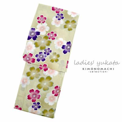 【Prices down】浴衣 レディース 女性浴衣単品「ベージュ　桜と撫子」 綿麻浴衣 プレタ浴衣 お仕立て上がり浴衣Fサイズ 【メール便不可】ss2406ykl20