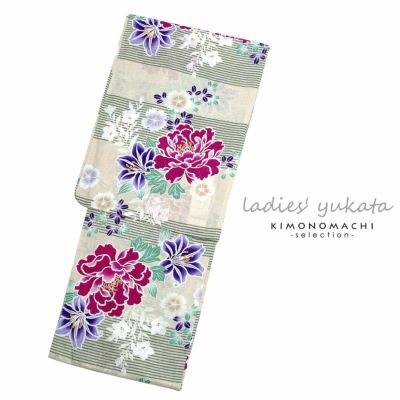 【Prices down】浴衣 レディース 女性浴衣単品「アイボリー　細縞に花」 綿麻浴衣 プレタ浴衣 お仕立て上がり浴衣Fサイズ 【メール便不可】ss2406ykl20