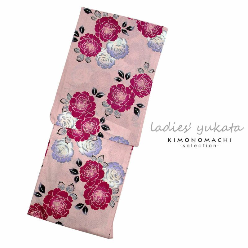 浴衣 レディース 女性浴衣単品「ピンク　薔薇」 綿麻浴衣 プレタ浴衣 お仕立て上がり浴衣Fサイズ
