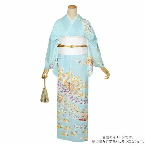 訪問着　お仕立て上がり　単品 「ブルー　四季折々の花」 正絹着物　礼装　正絹　訪問着　結婚式　パーティー　祝賀会　袷　プレタ　仕立てあがり