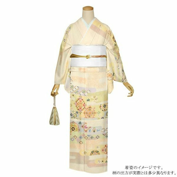 訪問着　お仕立て上がり　単品 「薄ベージュ　霞文様に華紋柄・亀甲文様・菱文様」 正絹着物　礼装　正絹　訪問着　結婚式　パーティー　祝賀会　袷　プレタ　仕立てあがり