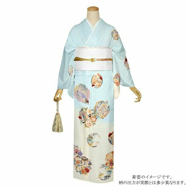 訪問着　お仕立て上がり　単品 「薄ブルー花菱　花丸文様に御所車・貝桶・鼓・お琴」 正絹着物　礼装　正絹　訪問着　結婚式　パーティー　祝賀会　袷　プレタ　仕立てあがり