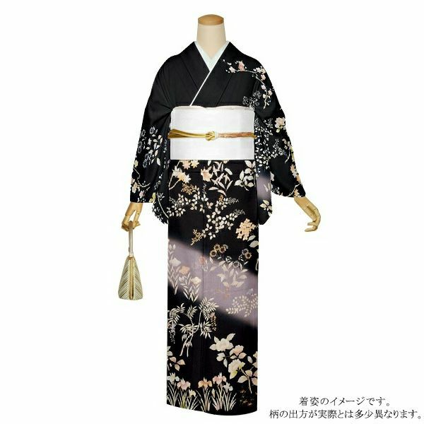 訪問着 袷 白地に黒 バラ パーティなどに