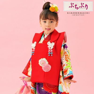七五三 着物 3歳 ブランド被布セット ぷちぷり 「赤　蝶竹梅赤　#B4」 女の子 被布コート 7点フルセットに刺繍半衿と足袋プレゼント12～18cm レトロ着物セット 3才 女児用 三歳被布セット 子供着物 三才のお祝い着 3