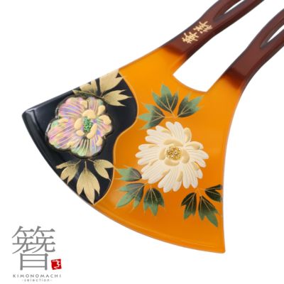かんざし バチ型 日本製 「べっ甲調 二輪牡丹 1330」 銀杏型 高級 簪