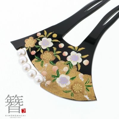 かんざし バチ型 日本製 「黒地 菊と牡丹と垣 和ピン1352」 銀杏型 