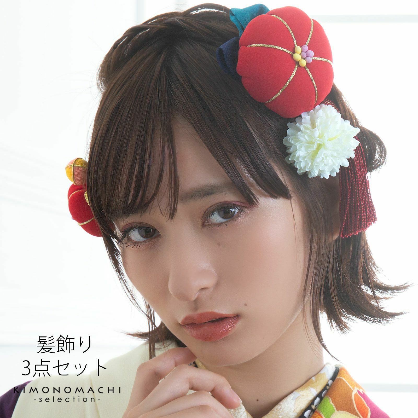 髪飾り　コームとUピン 3点セット 「万寿椿赤 (No.53308赤)」　振袖用髪飾り　お花髪飾り　成人式　卒業式　結婚式　着物