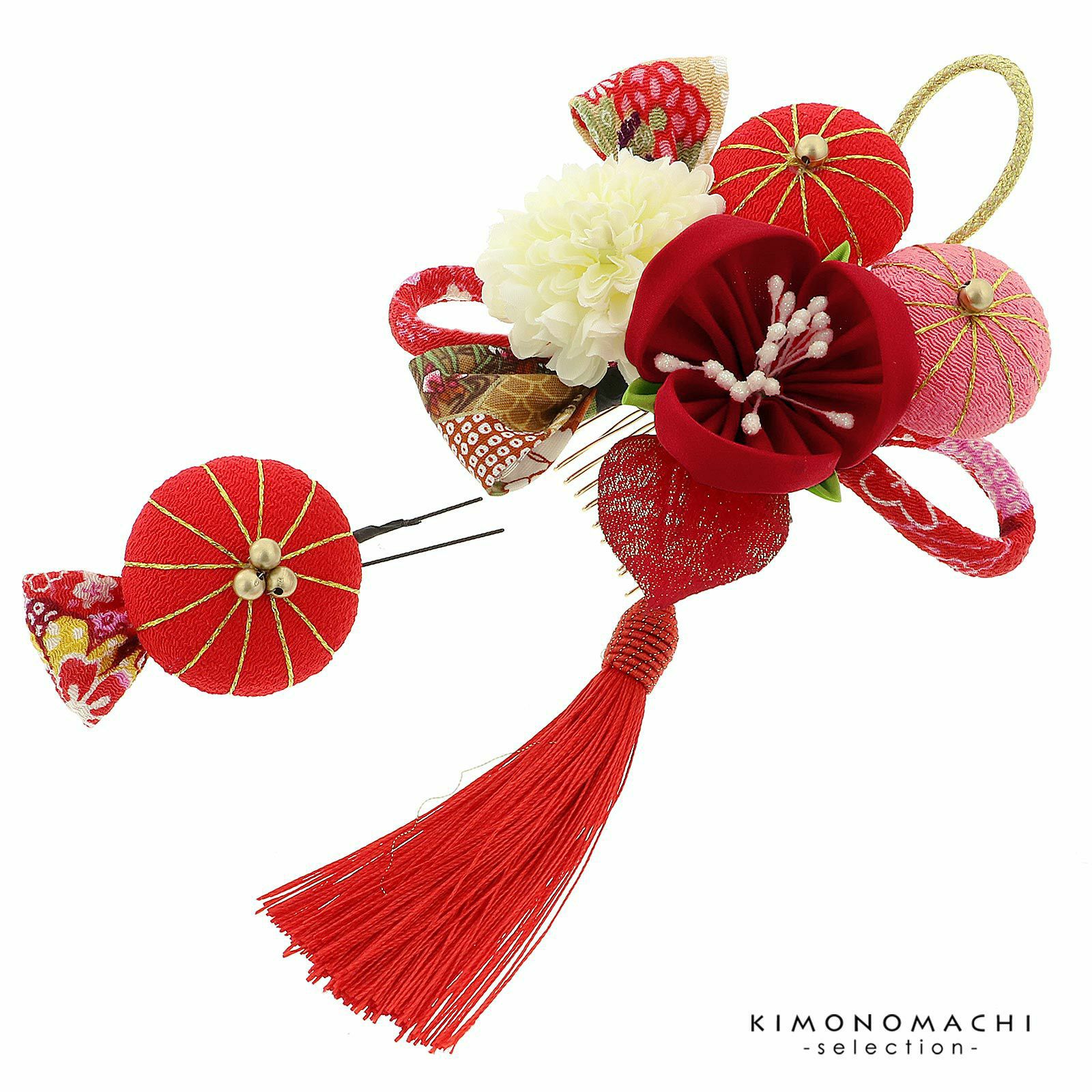 髪飾り　コームとUピン 2点セット 「万寿菊赤 (No.52828赤)」　振袖用髪飾り　お花髪飾り　成人式　卒業式　結婚式　着物
